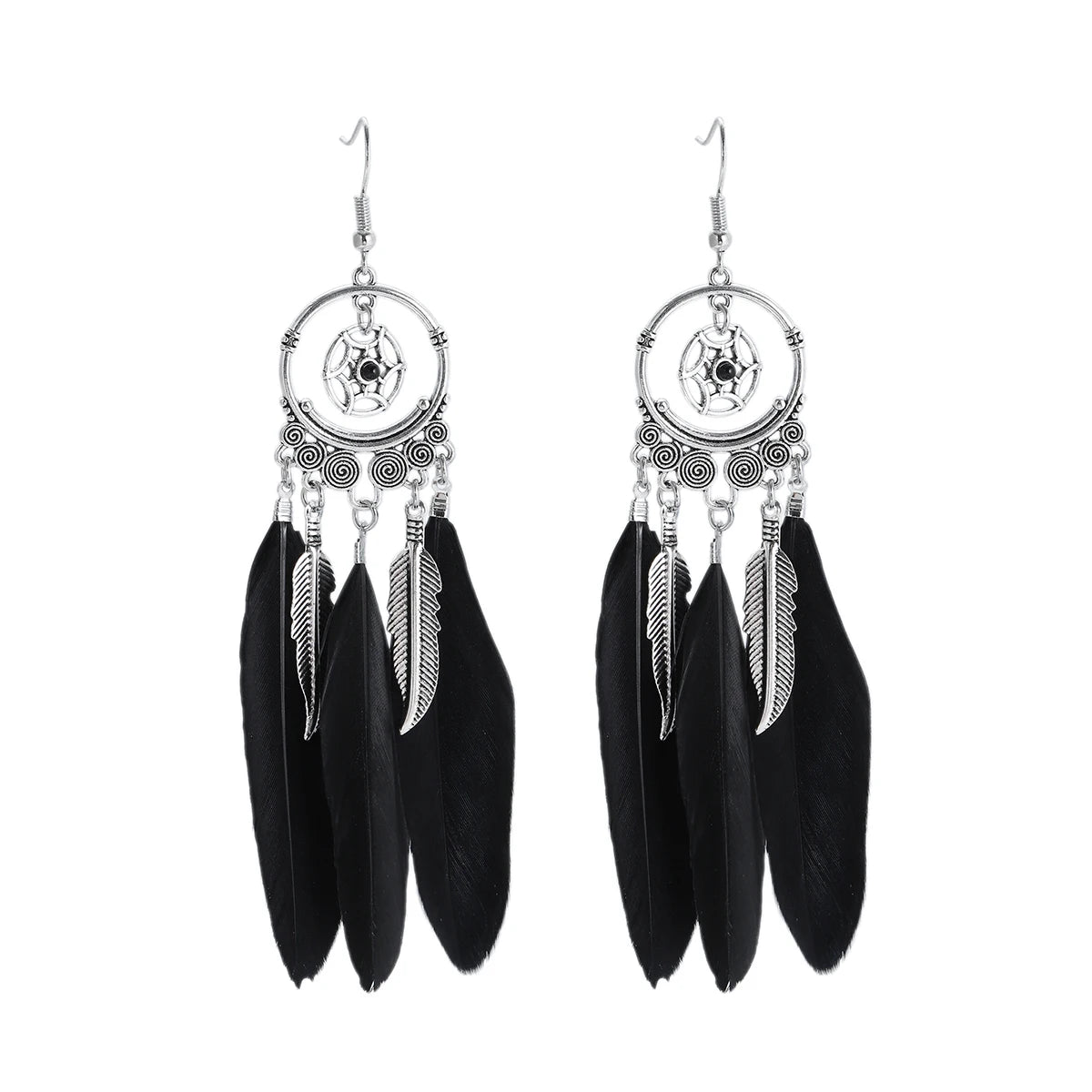 TopHanqi Bohemian Hollow Dream Catcher Leaf Feather Earrings