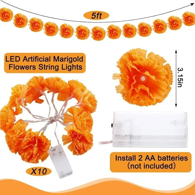 5 Ft LED Orange Marigold Lights for Day of The Dead, Halloween, and Diwali