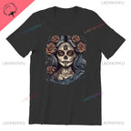 Skull T-Shirt La Catrina Girl with Purple Roses Dia De Los Muertos Day of The Dead