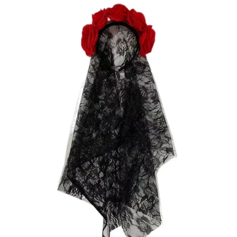 1PCS Black Veil Rose Flower Headband Day of The Dead Party
