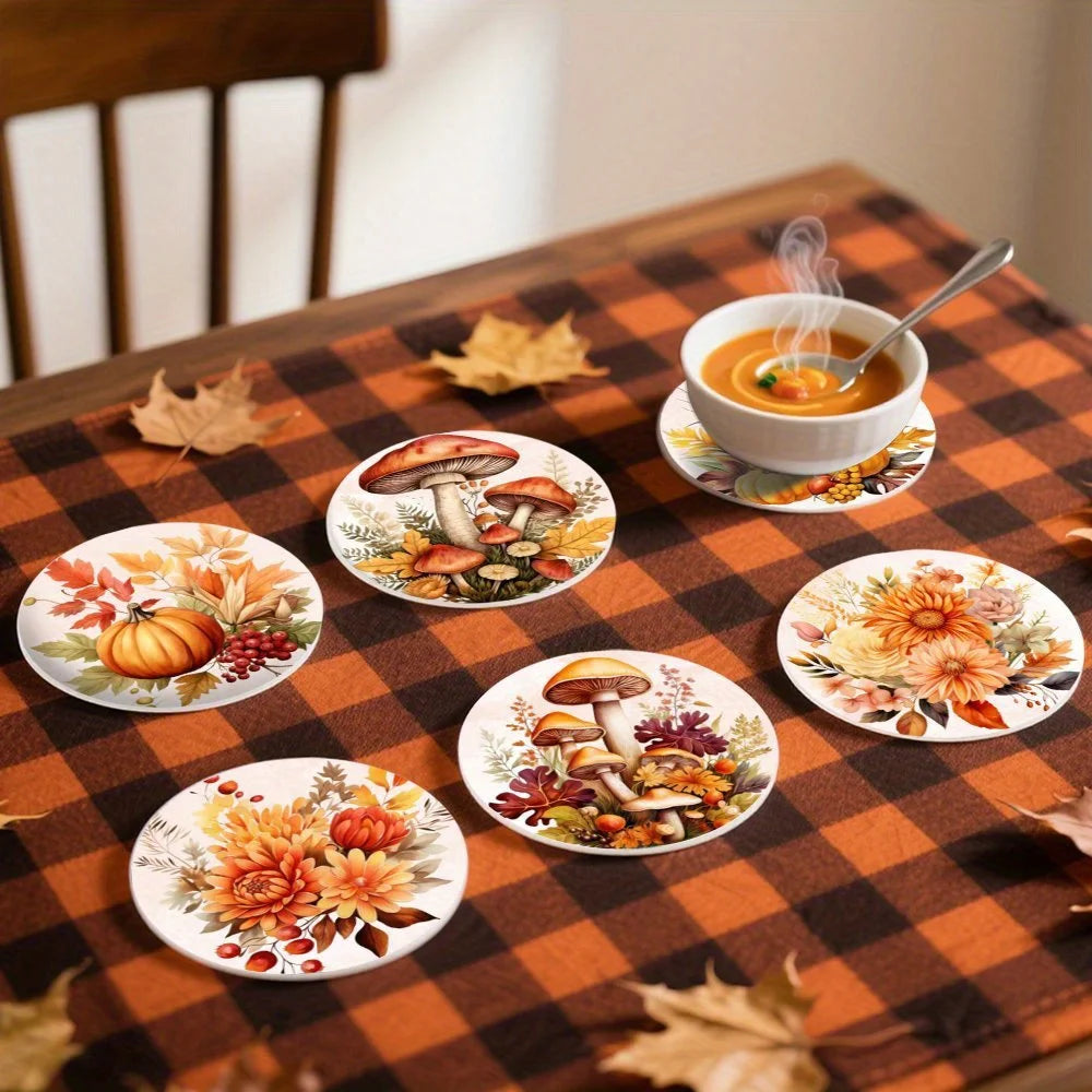 2D Fall Pumpkin Leaf Pattern Wooden Coaster