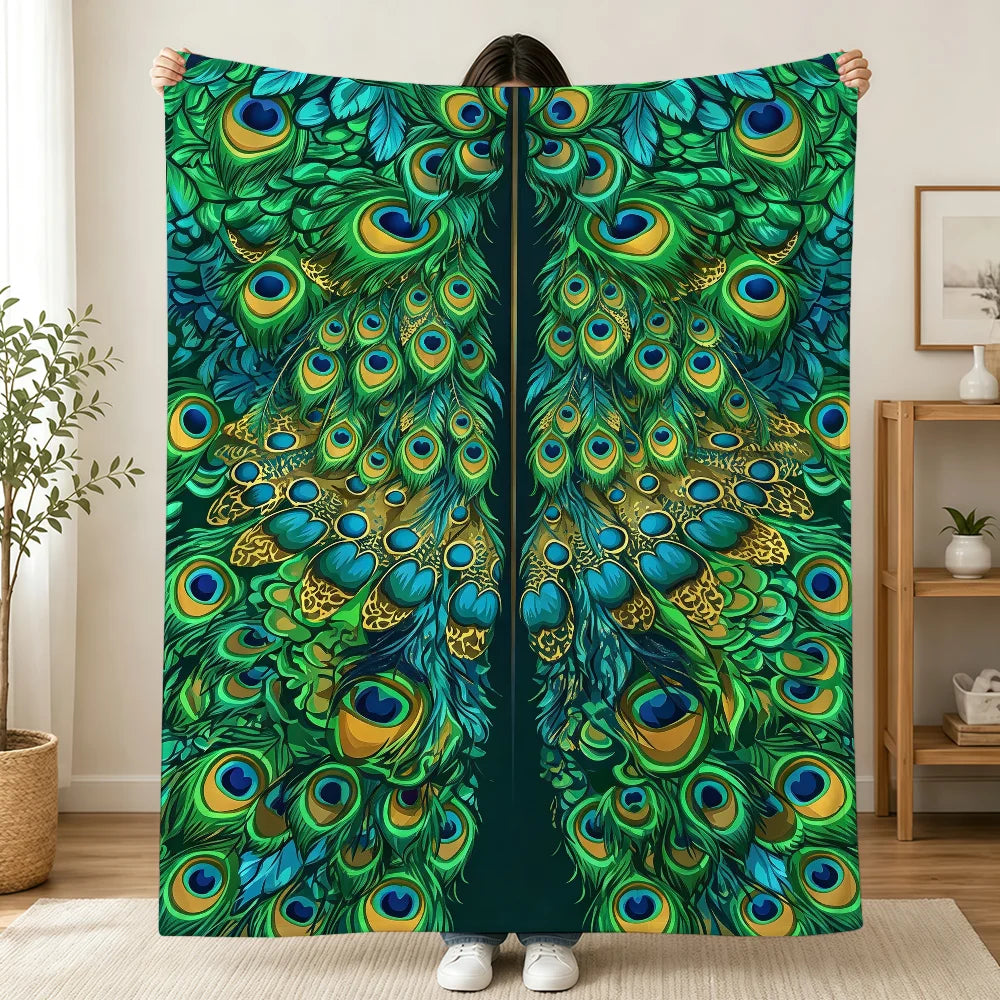 Vintage Green Peacock Feather Blanket