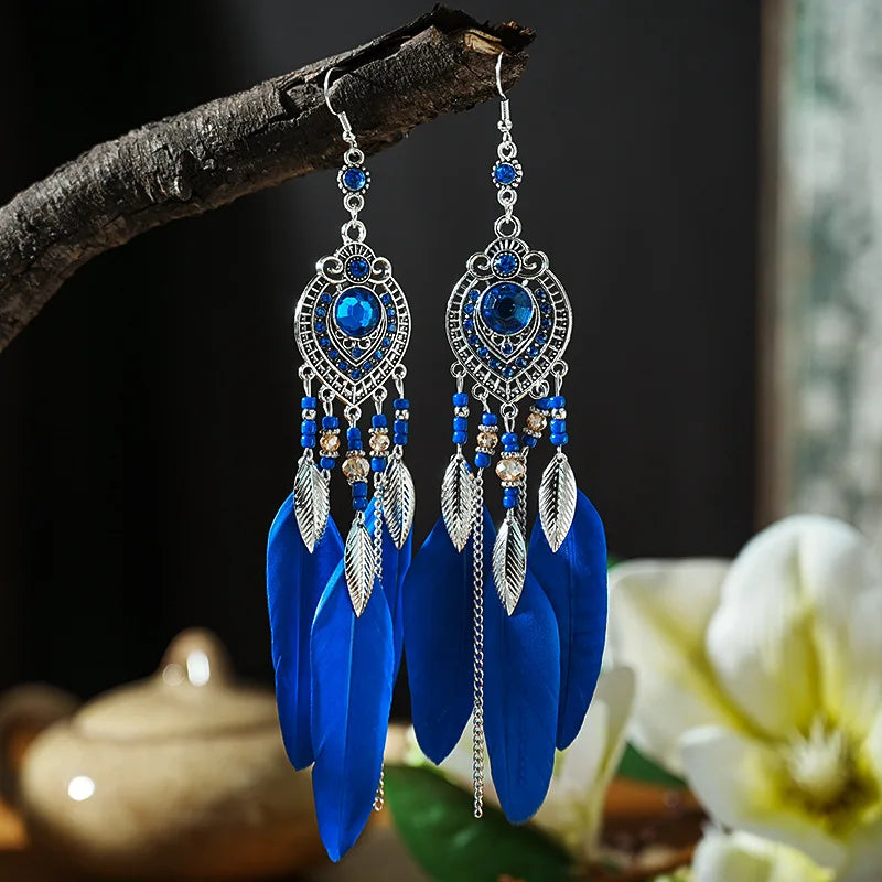 Feather Long Leaf Tassel Drop Earrings