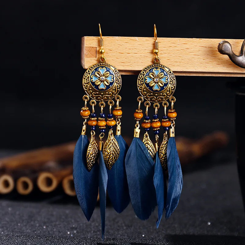 Native Vintage Jewelry Feather Tassel Long Earrings