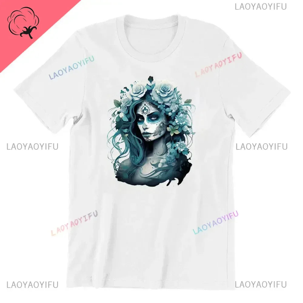 Skull T-Shirt La Catrina Girl with Purple Roses Dia De Los Muertos Day of The Dead