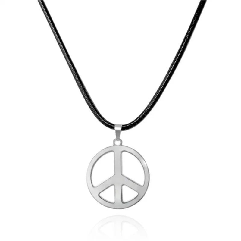 Black Leather Peace Sign Symbol Pendant Necklace
