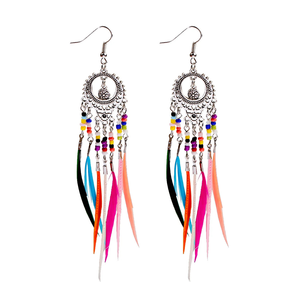 TopHanqi Bohemian Hollow Dream Catcher Leaf Feather Earrings