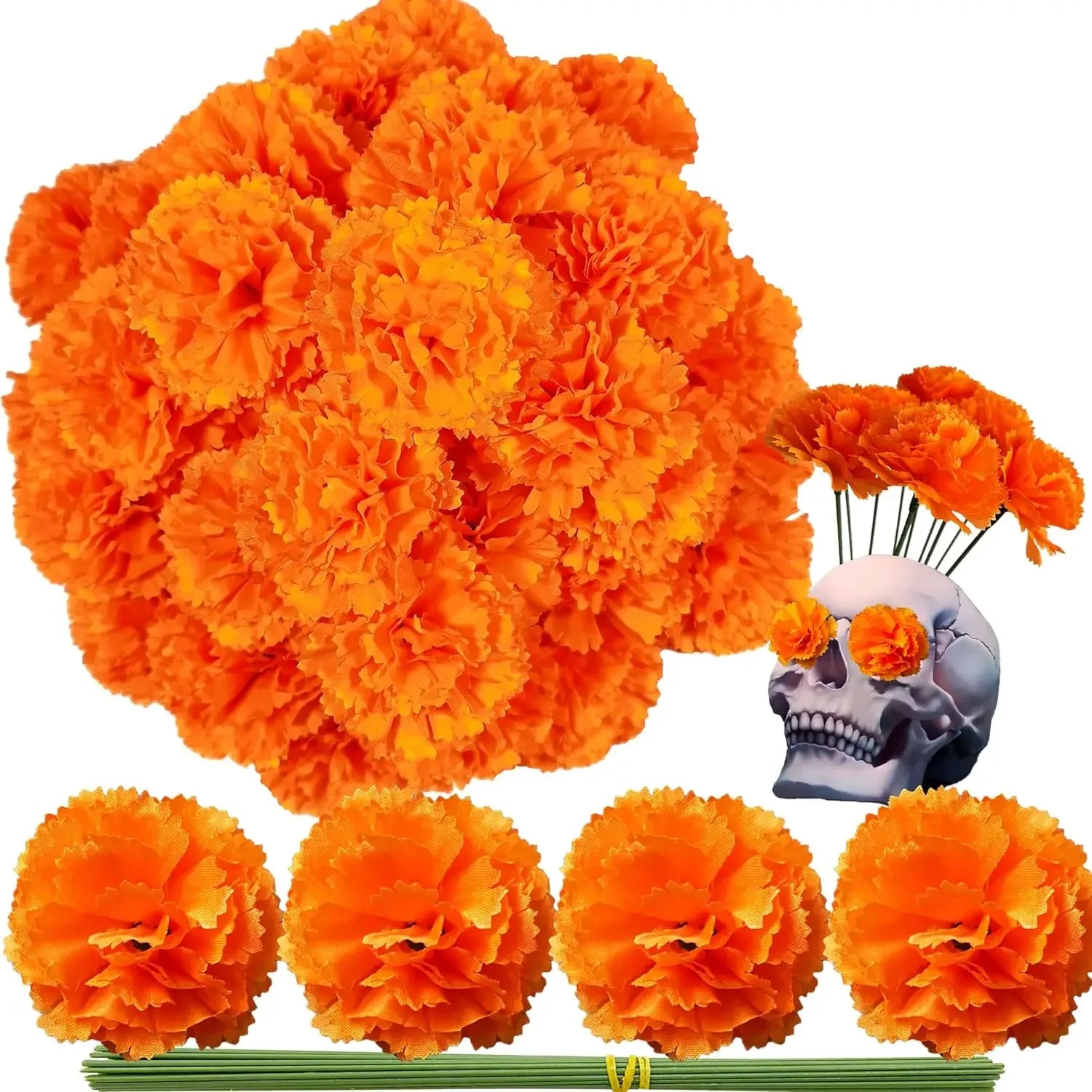 50Pcs Marigold Artificial Flowers for Day of The Dead, Diwali & Halloween Decor