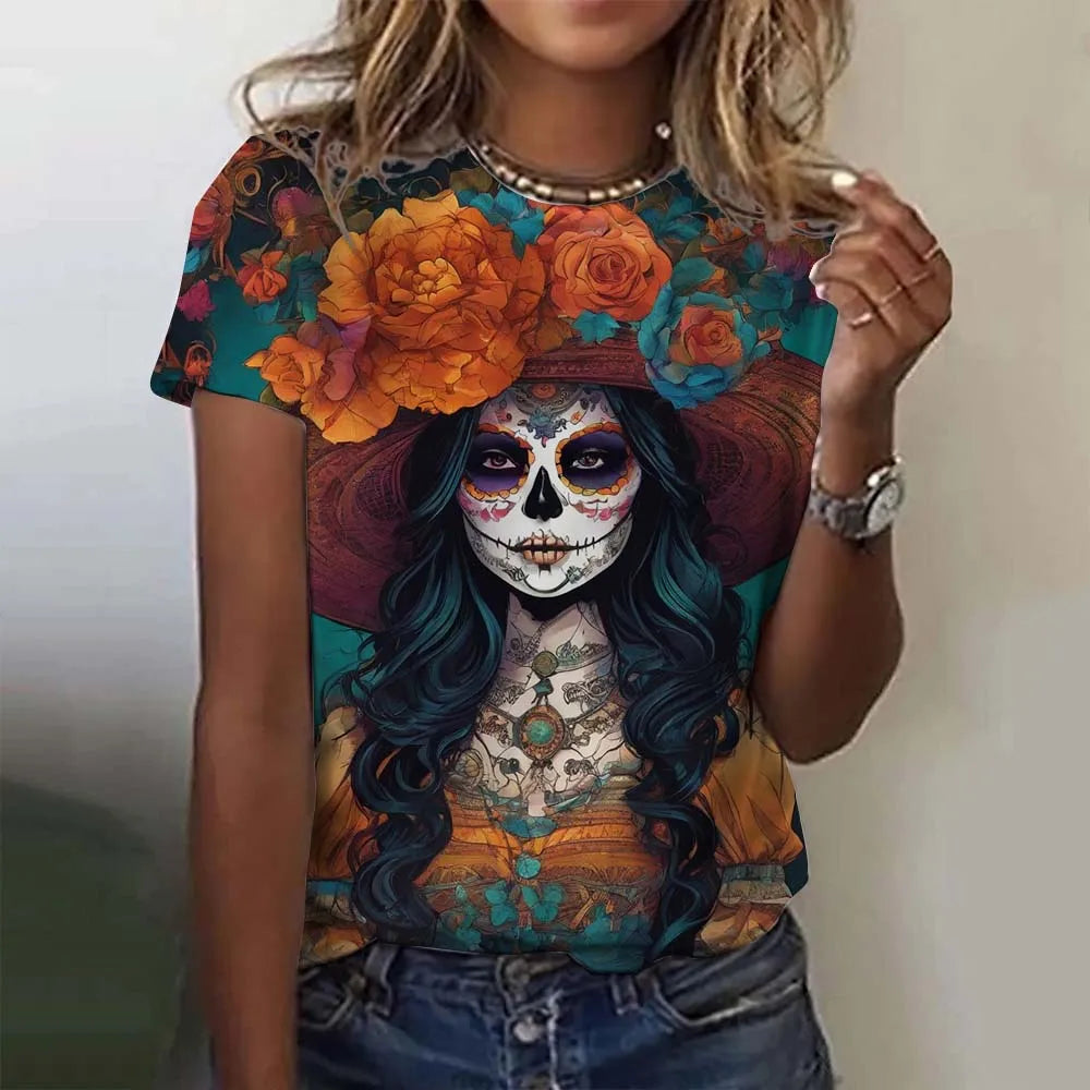 Fashion Women's T-shirt for Girls Short Sleeve Day of the Dead Undead Skull