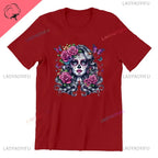 Skull T-Shirt La Catrina Girl with Purple Roses Dia De Los Muertos Day of The Dead