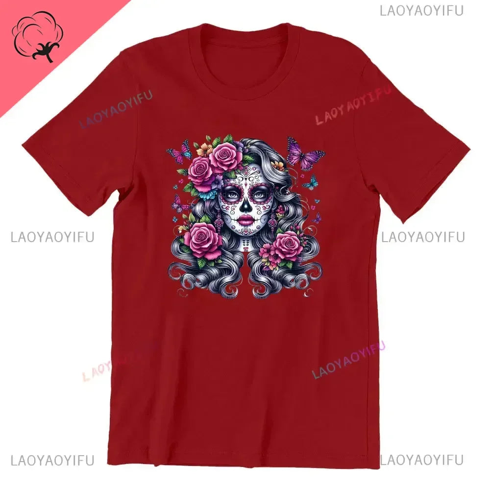 Skull T-Shirt La Catrina Girl with Purple Roses Dia De Los Muertos Day of The Dead