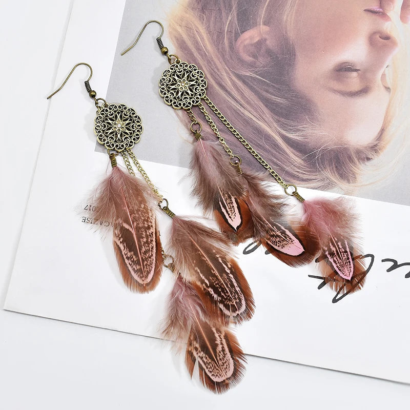 Feather Earrings Handmade Chain Long Earrings