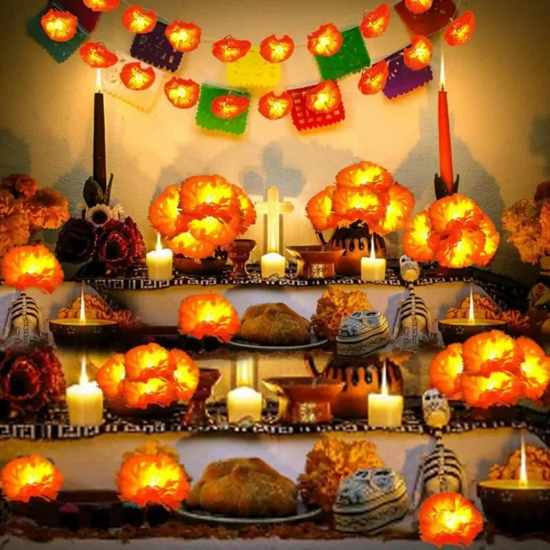 5 Ft LED Orange Marigold Lights for Day of The Dead, Halloween, and Diwali