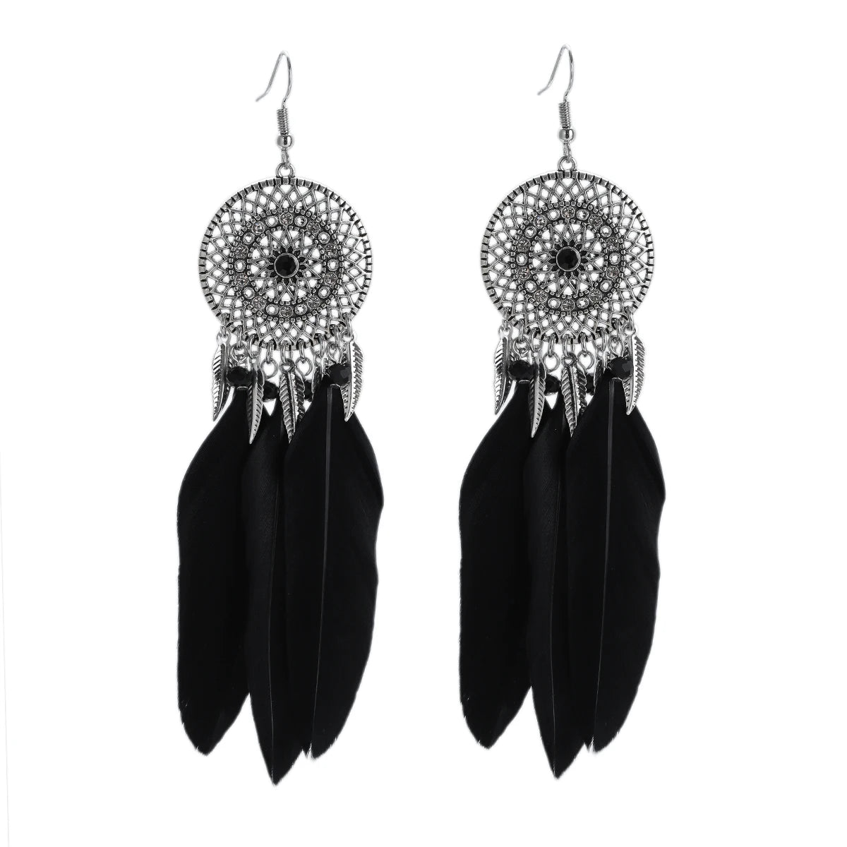 TopHanqi Bohemian Hollow Dream Catcher Leaf Feather Earrings