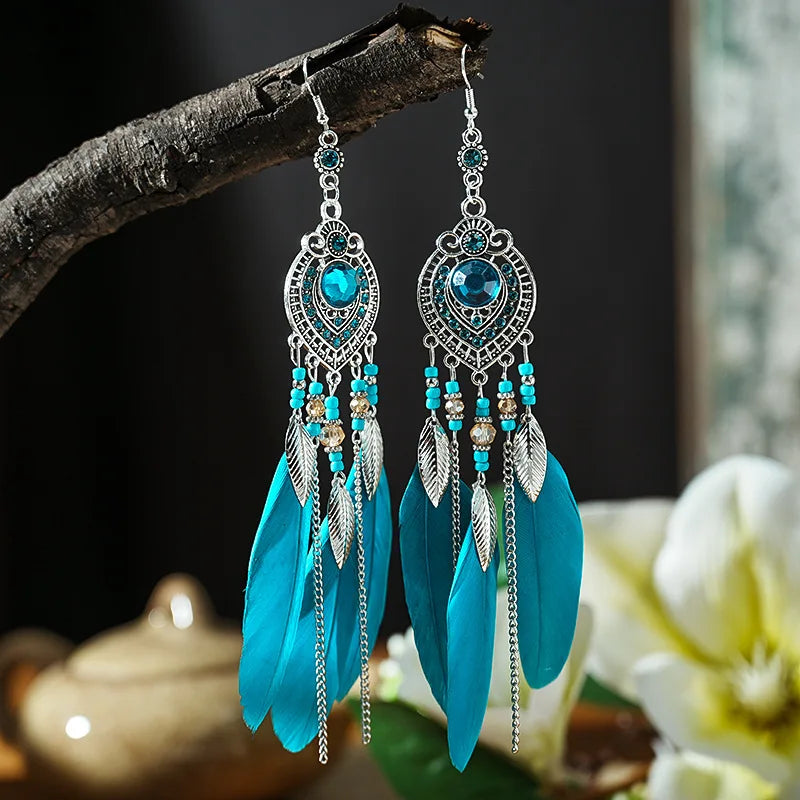Feather Long Leaf Tassel Drop Earrings