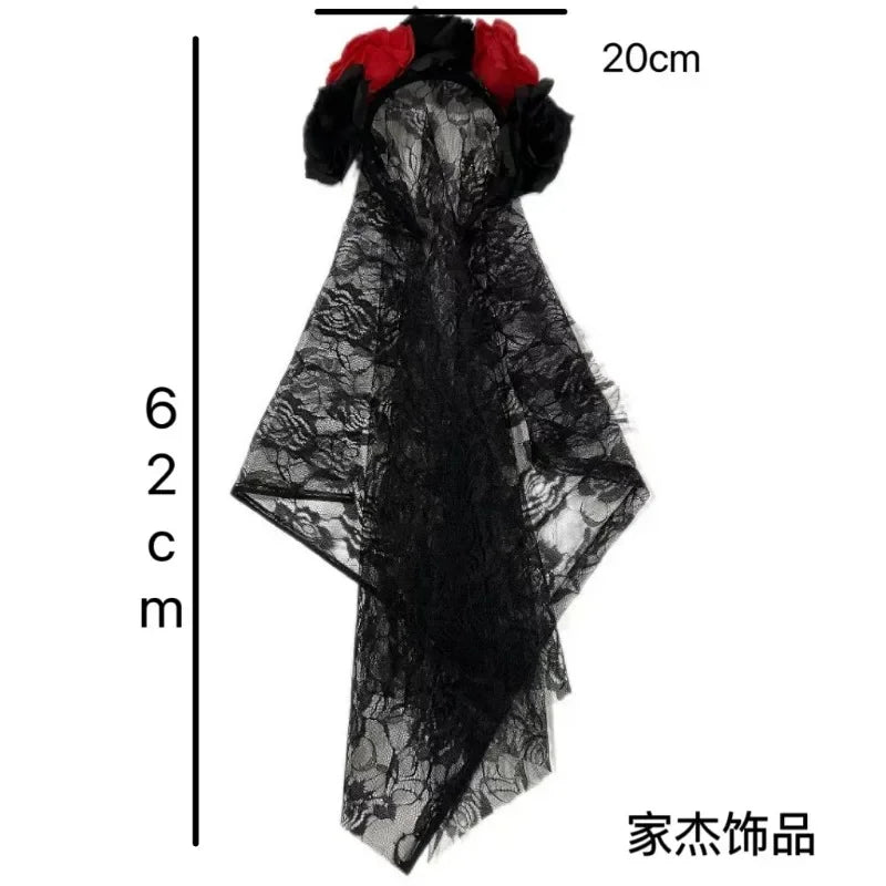 1PCS Black Veil Rose Flower Headband Day of The Dead Party