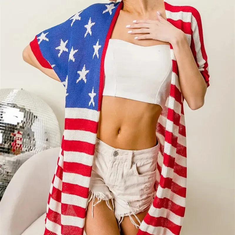 American Flag Star Cover Up Casual Kimono Outerwear