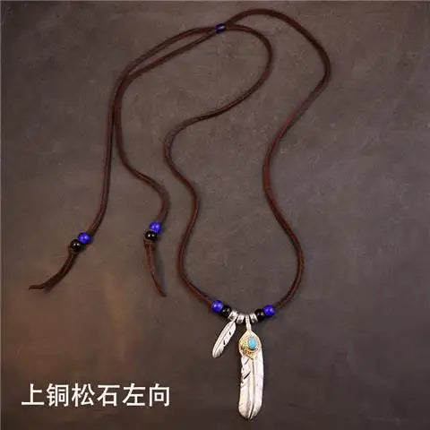 Retro Style Feather Turquoise Pendant Leather Rope Necklace