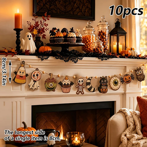 10Pcs Vintage Halloween Wooden Garland