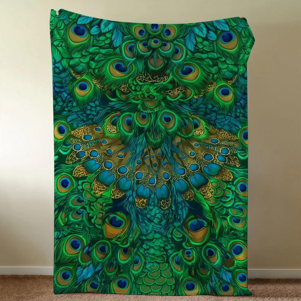 Vintage Green Peacock Feather Blanket