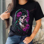 Skull T-Shirt La Catrina Girl with Purple Roses Dia De Los Muertos Day of The Dead