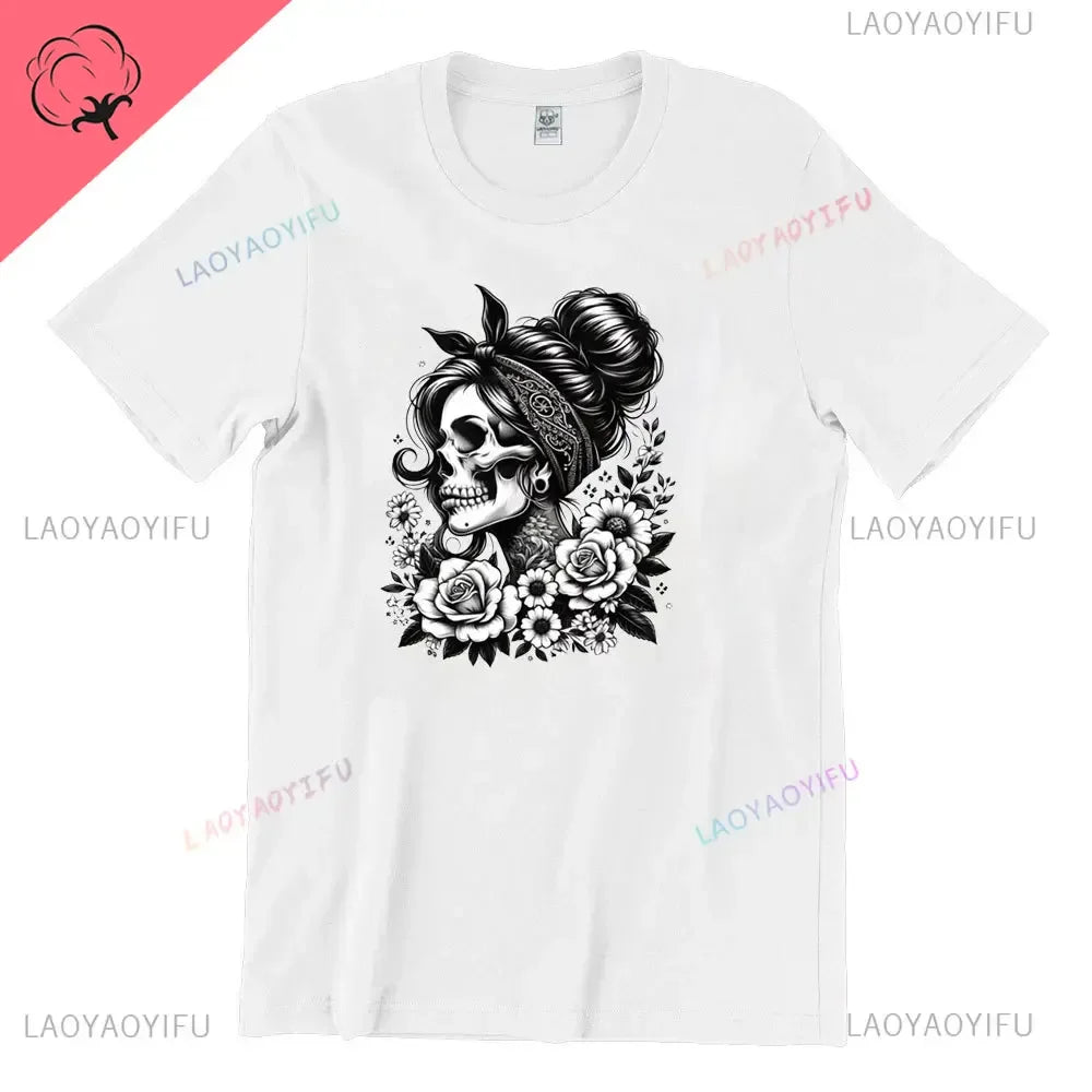 Skull T-Shirt La Catrina Girl with Purple Roses Dia De Los Muertos Day of The Dead