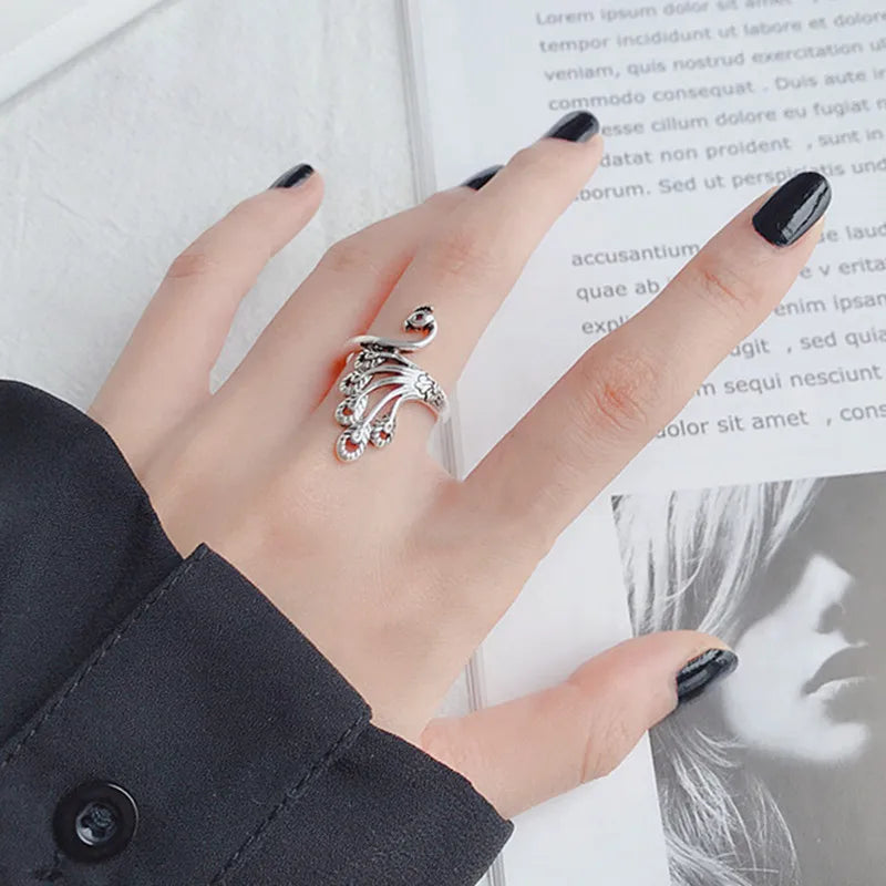Sterling Silver Peacock Open Vintage Rings For Women