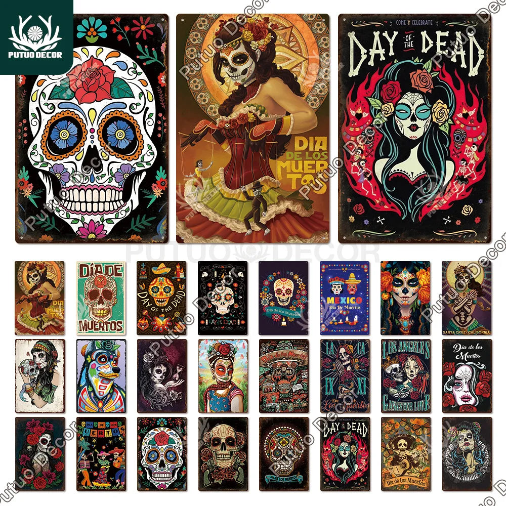 Putuo Decor Day of the Dead Tin Sign Vintage