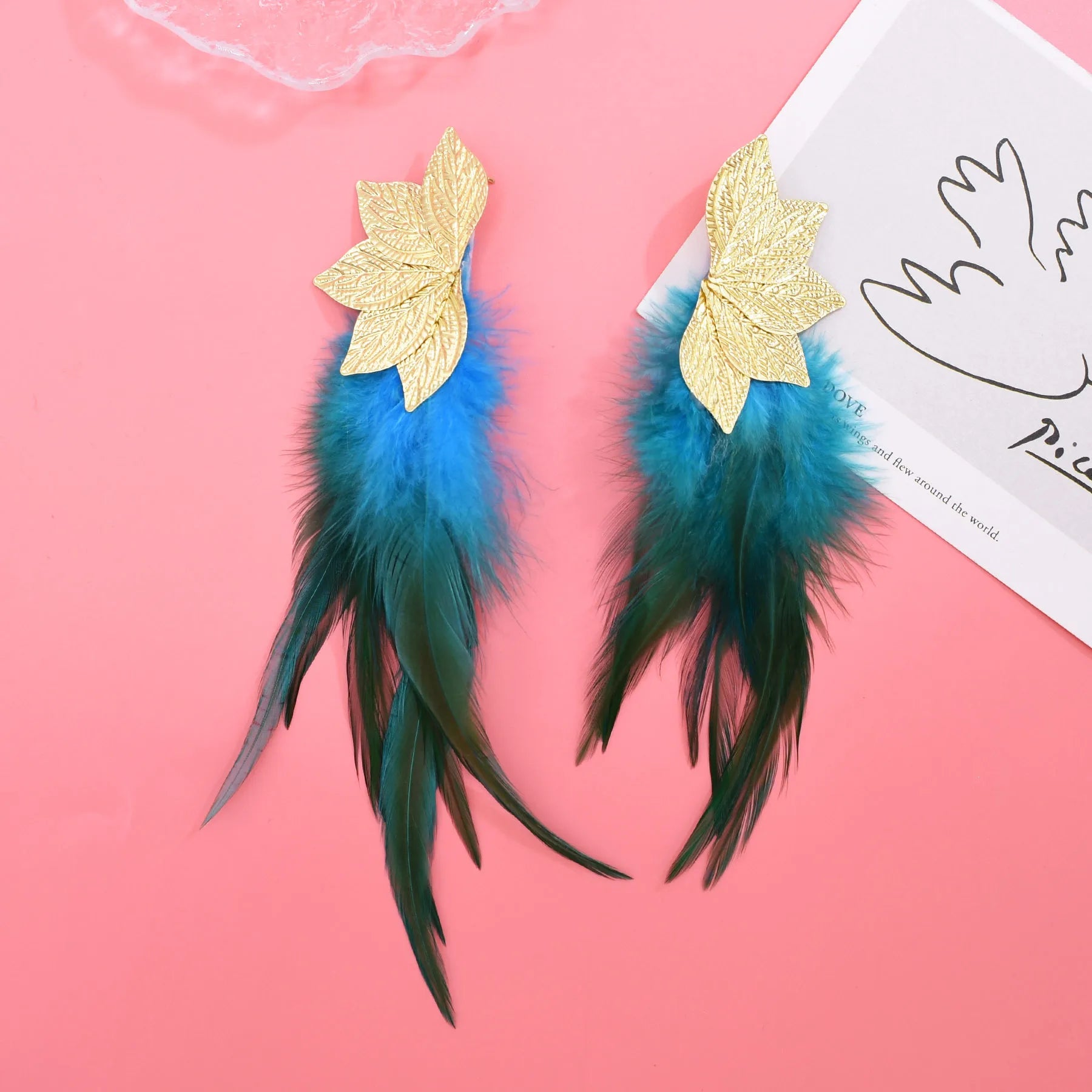 Brown Blue Feather Tassel Earrings
