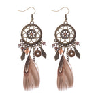 TopHanqi Bohemian Hollow Dream Catcher Leaf Feather Earrings