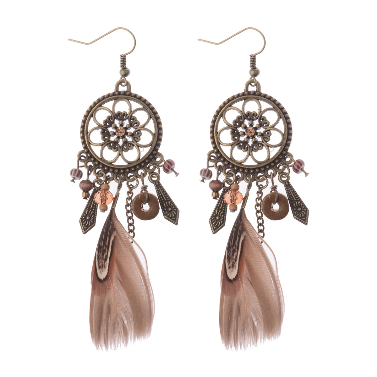 TopHanqi Bohemian Hollow Dream Catcher Leaf Feather Earrings