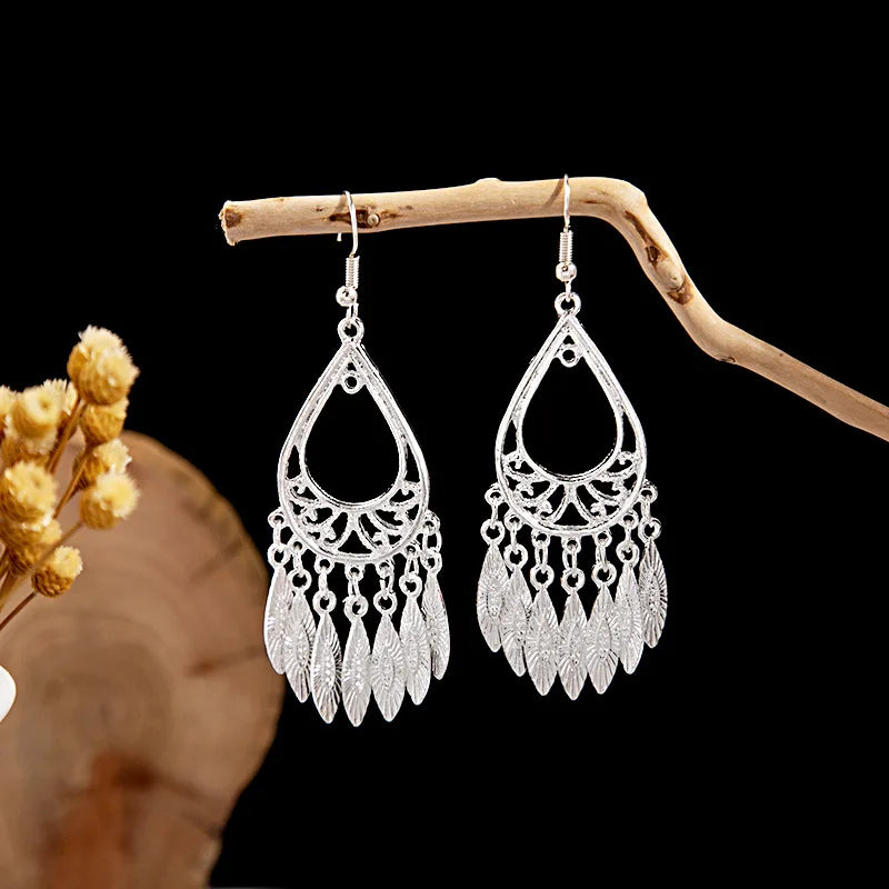 Ethnic Silver Color Long Leaf Dangle Earrings