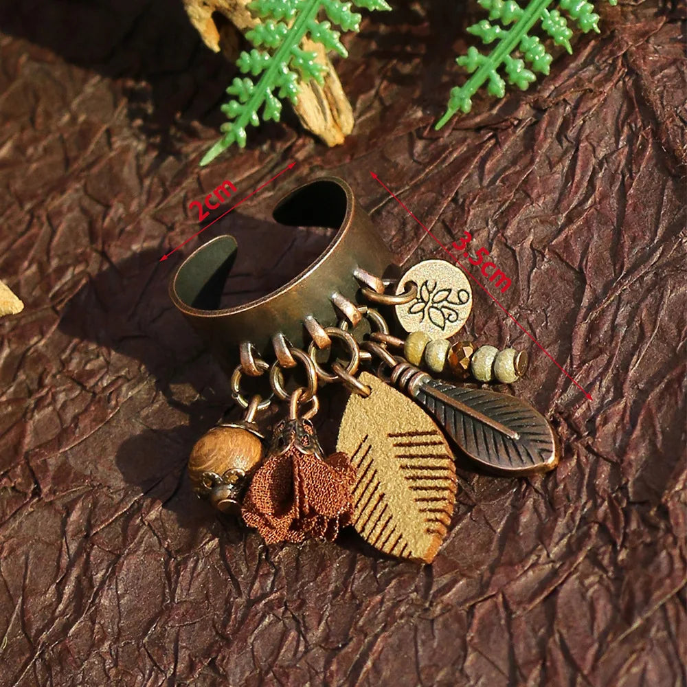 Ethnic Flower Feather Tassel Rings For Women Vintage Antique