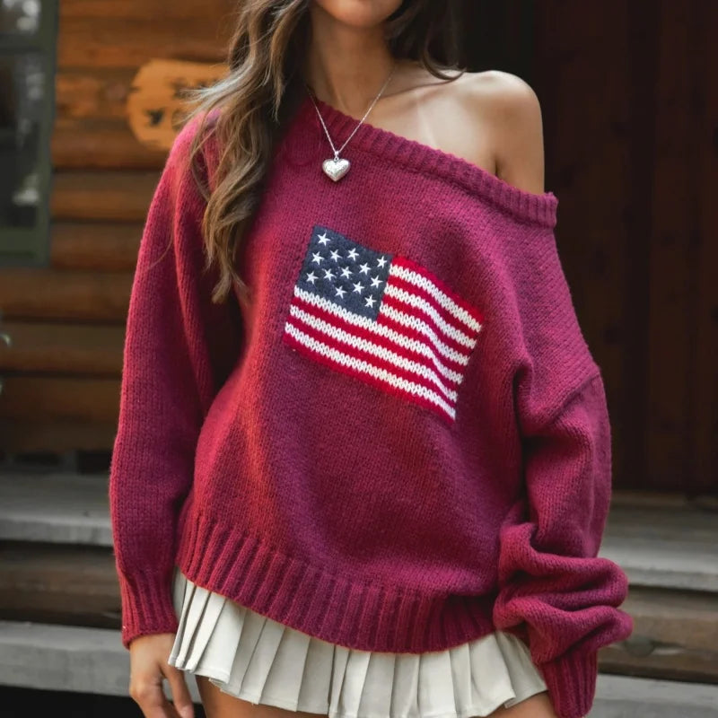 Off the Shoulder American Flag Sweater