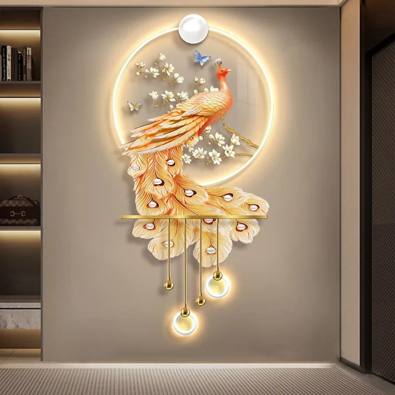 لوحة فنية عصرية خفيفة فاخرة على شكل طاووس لمدخل المنزل مع إضاءة LED جيدة ولوحة معلقة فنية ضوئية ثلاثية الأبعاد للممر
