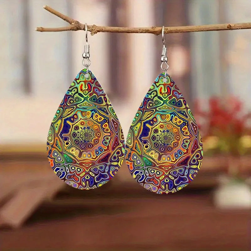 Flower double-sided pattern wooden earrings