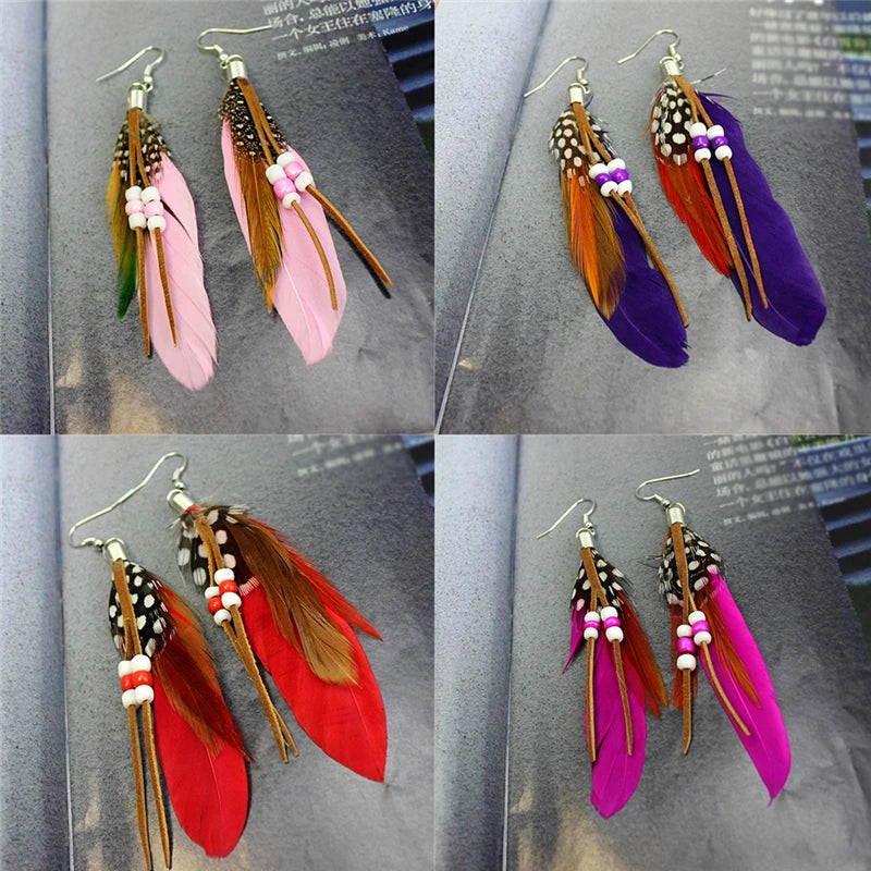Tassel Dangling Earrings Colorful Feather