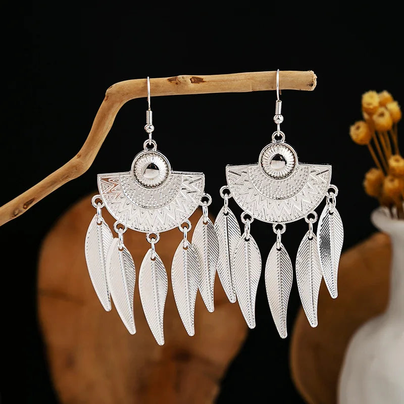 Ethnic Silver Color Long Leaf Dangle Earrings