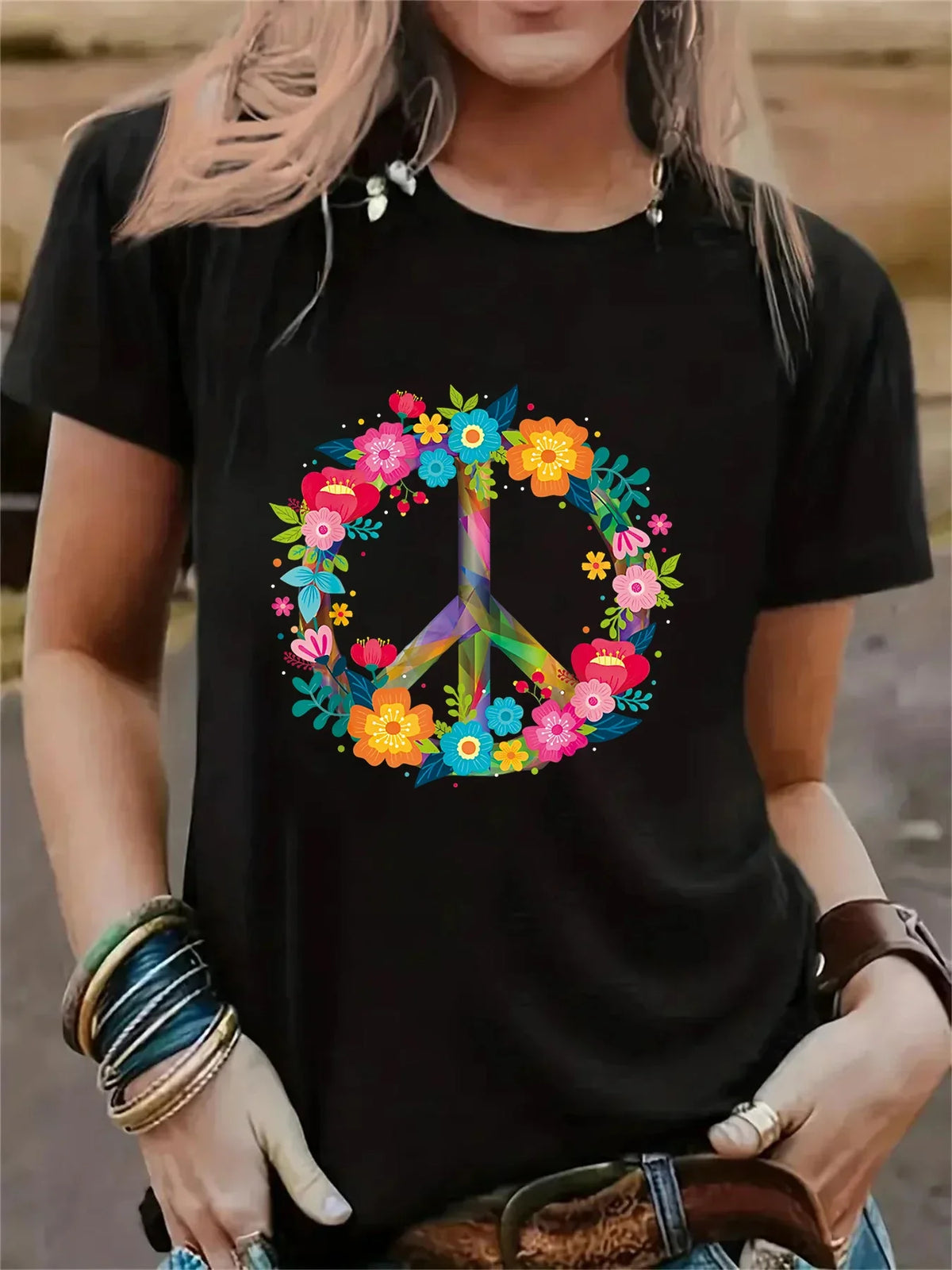 Peace Love Hippie Women's Casual Short Sleeve T-Shirt