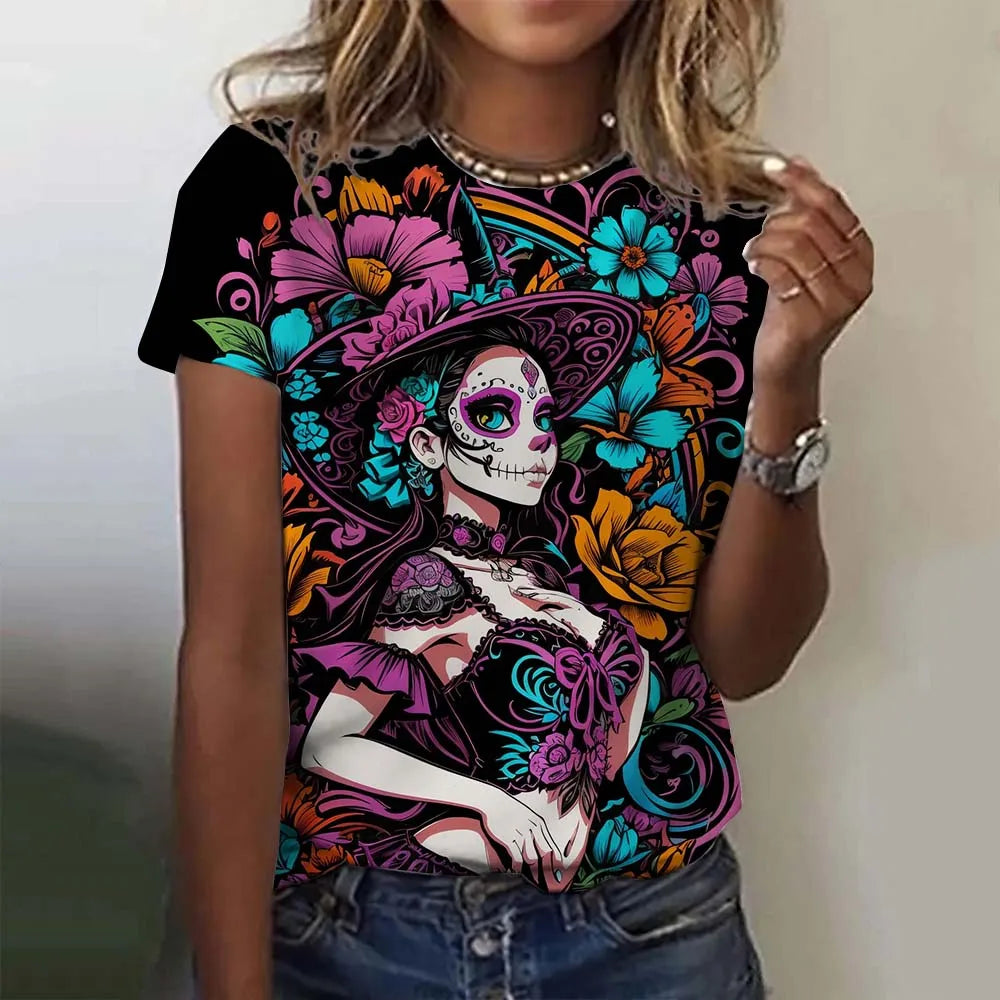 Women's T-shirt for Girls Short Sleeve Day of the Dead Undead Skull