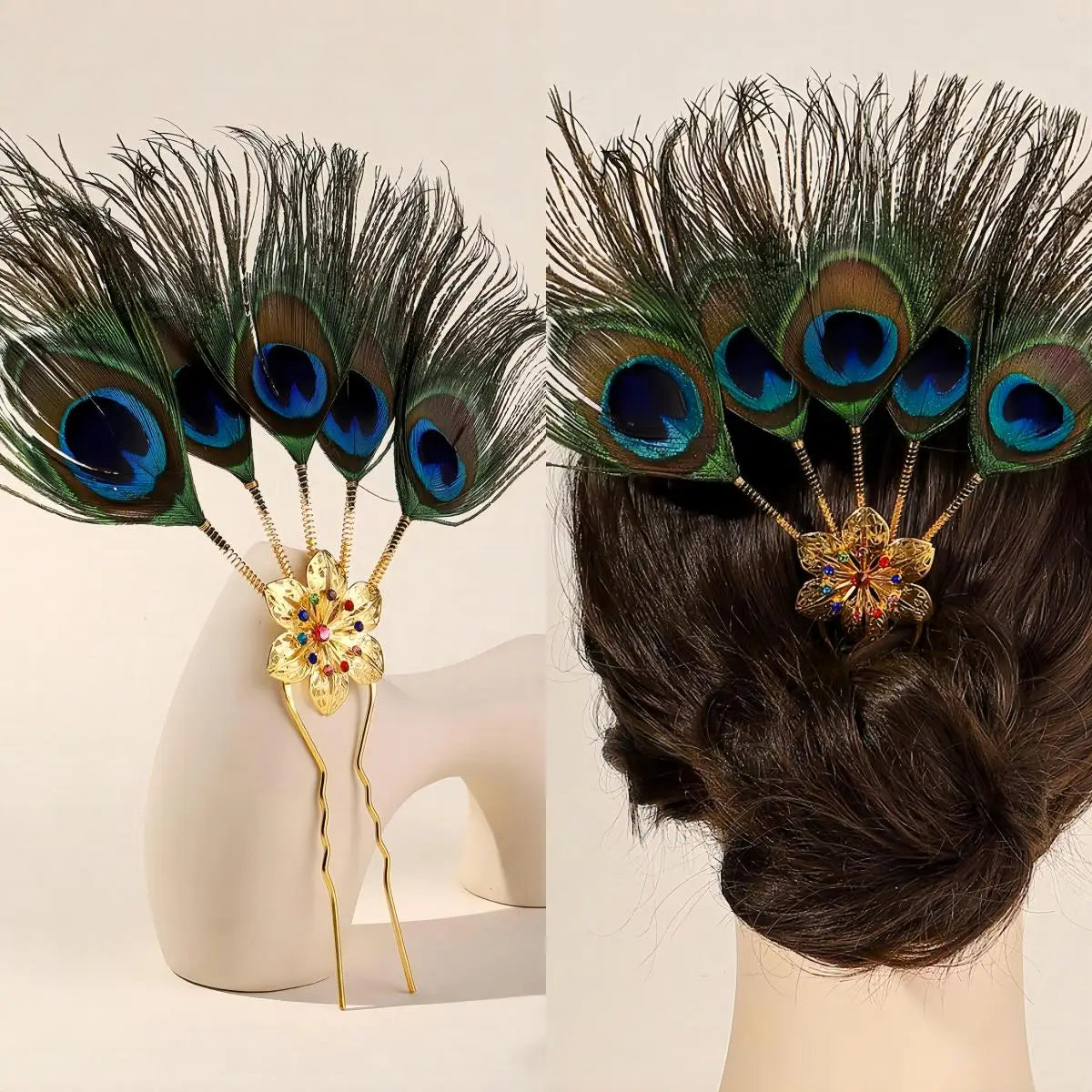 Peacock feather colored sparkle headdress pin