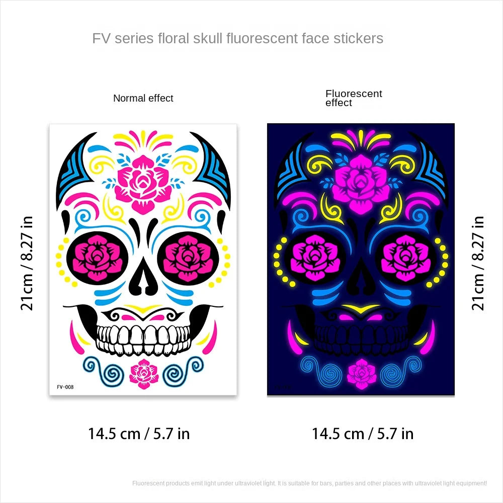 Waterproof Fluorescent Temporary Tattoo Stickers Day of the Dead