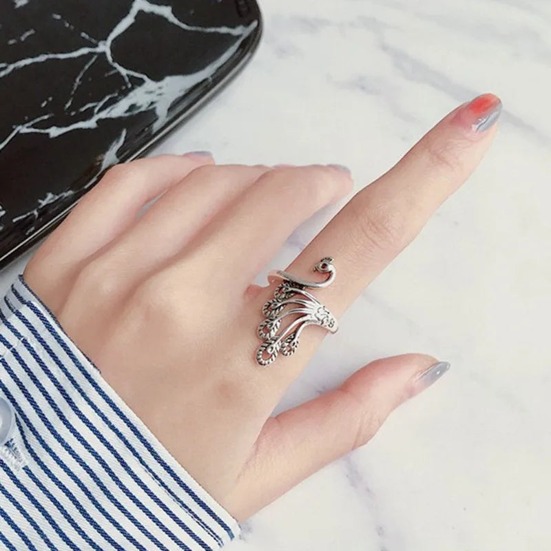 Sterling Silver Peacock Open Vintage Rings For Women