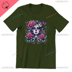 Skull T-Shirt La Catrina Girl with Purple Roses Dia De Los Muertos Day of The Dead