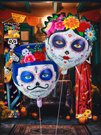2pcs Bride and Groom Colorful Flower Skull Balloons Day of the Dead Decoration
