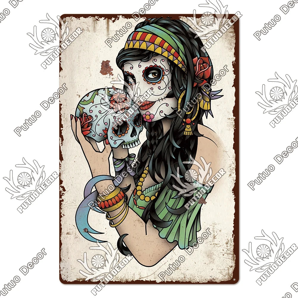 Putuo Decor Day of the Dead Tin Sign Vintage