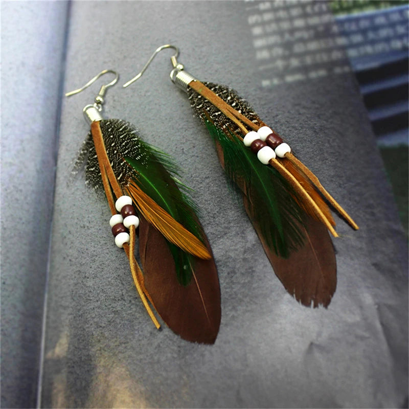1Pair Tassel Dangling Earrings Colorful Feather Leather