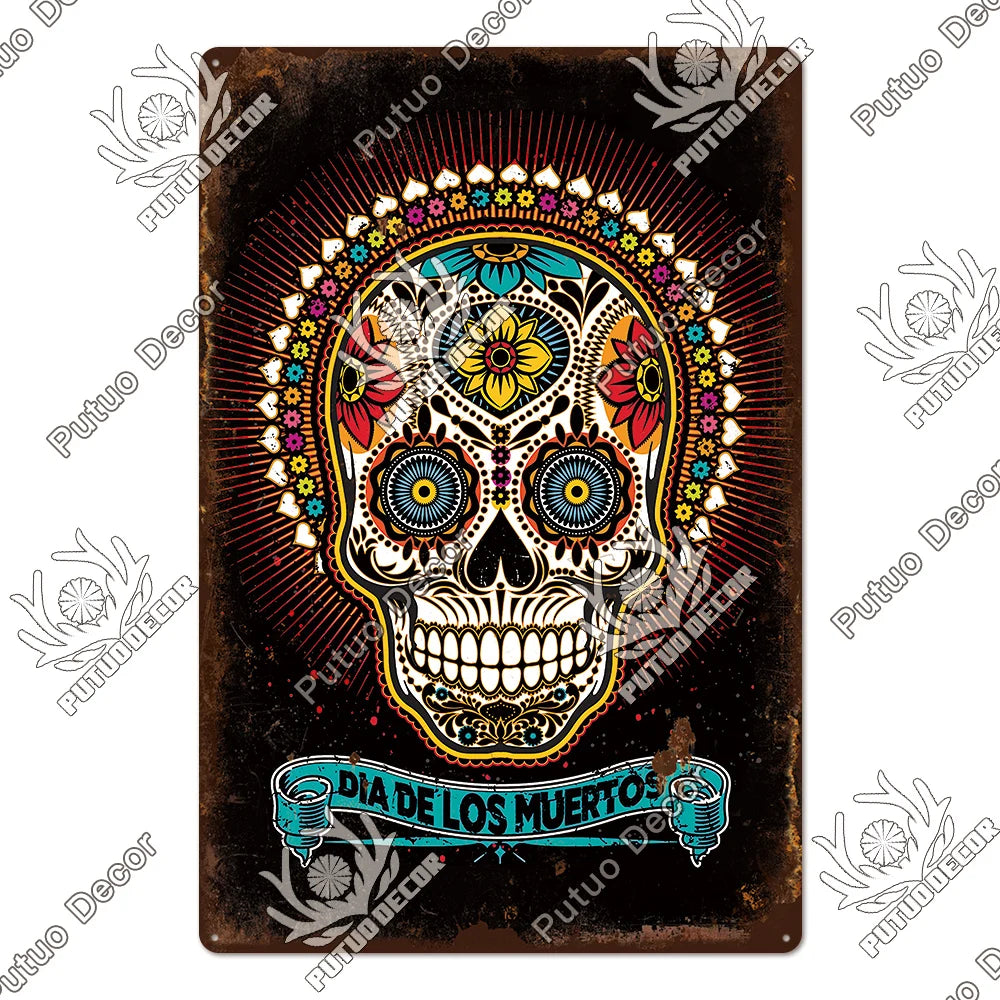 Putuo Decor Day of the Dead Tin Sign Vintage