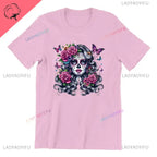 Skull T-Shirt La Catrina Girl with Purple Roses Dia De Los Muertos Day of The Dead