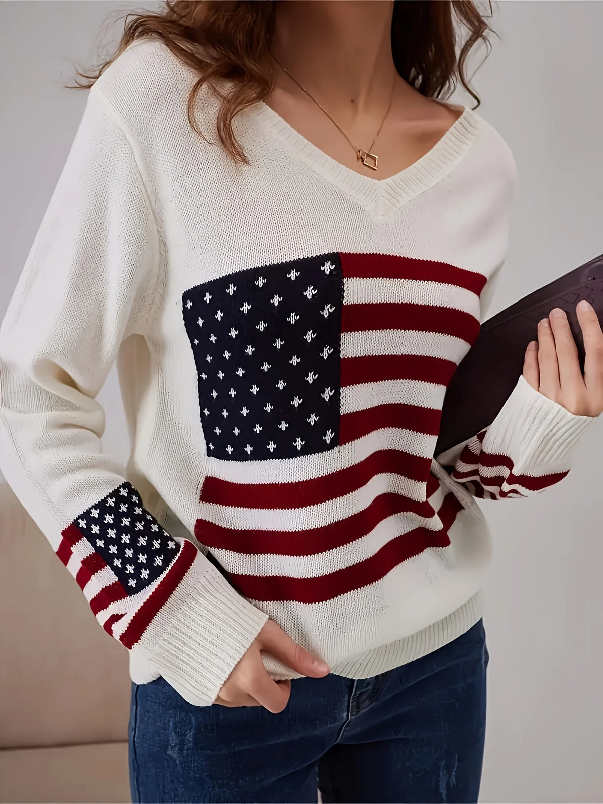 Women's American Flag V Neck Knit Sweater
